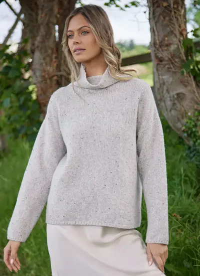 Fisherman Cashmere Fleck Funnel Neck Sweater